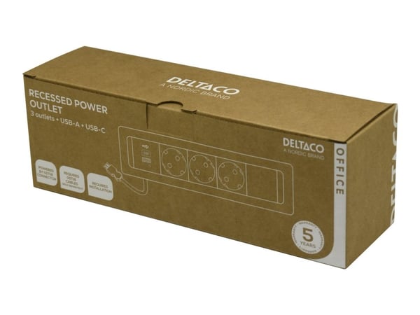 Deltaco OFFICE Recessed Outlet Box,3outlets,1x21W A+C USB,GST18, AC + USB A + USB C, CEE 7/3, Vastaanotto, musta, Alumiini, Muovi, 50/60 Hz