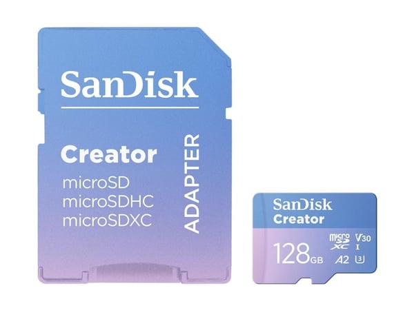 SanDisk Creator - Flashminnekort (microSDXC til SD-adapter inkludert) - 128 GB - A2 / Video Class V30 / UHS-I U3 - microSDXC UHS-I