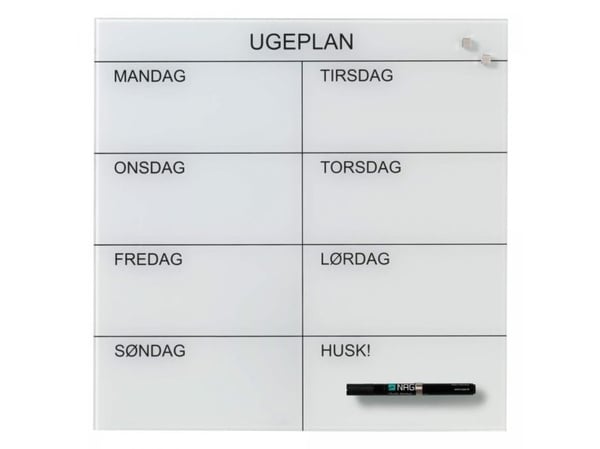 Magnetisk NAGA ugetavle i glas 45x45 cm hvid - dansk tekst