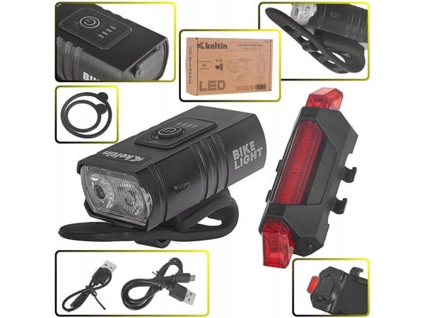 KELTIN vanntett sykkel-Lys USB IPX4 sett foran (800lm/900mAh) + bak (120lm/120mAh)