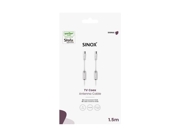 Sinox antennekabel. YouSee & Stofa godkendt. 1,5m. Hvid