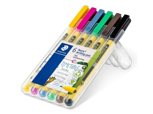 Staedtler Noris writing pen 307, Svart, Blå, Brun, Grønn, Rosa, Gult, Gult, 0,6 mm, Resirkulert plast, Rund, Vann-basert blekk