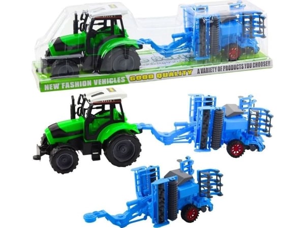 LeanToys stort traktorsett for landbruk med skiveharv og bevegelig plog
