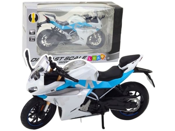 LeanToys sportmotorsykkel i metall med lys og lyd hvit/blå 1:12