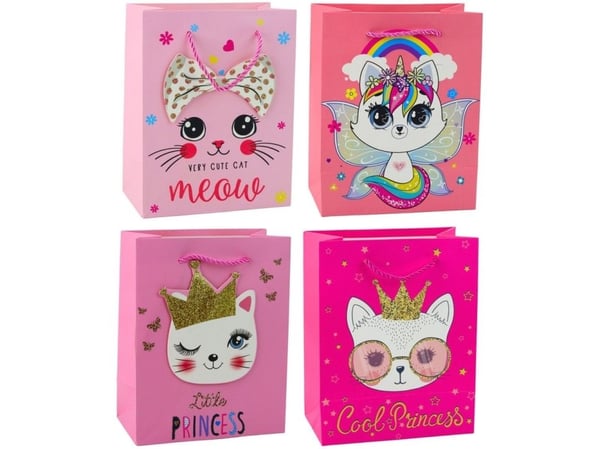 Gavepose i papir med glitterkatter, rosa 23 x 18 x 10,5 cm