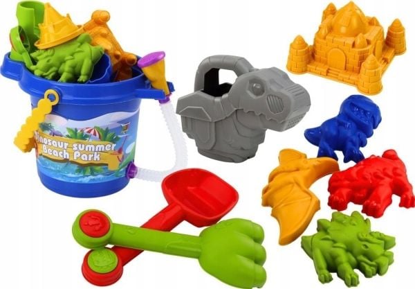 LeanToys sandesett med bøtter, med dusj, spade, hakker og former – dinosaurer