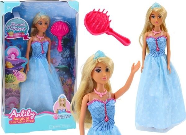 LeanToys dukke Anlily Syrenia prinsesseblå kjole børste