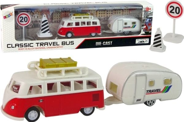 LeanToys kjøretøyssett rød buss med campingtilhenger