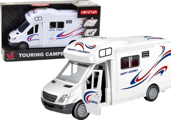 LeanToys campingbil/husvogn hvit med lys og lyder dører som kan åpnes