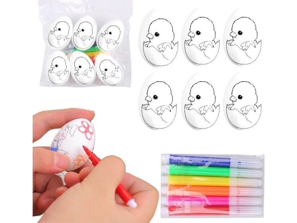 LeanToys påskeegg i polystyren til maling med tusjer kylling i egget 6 stk