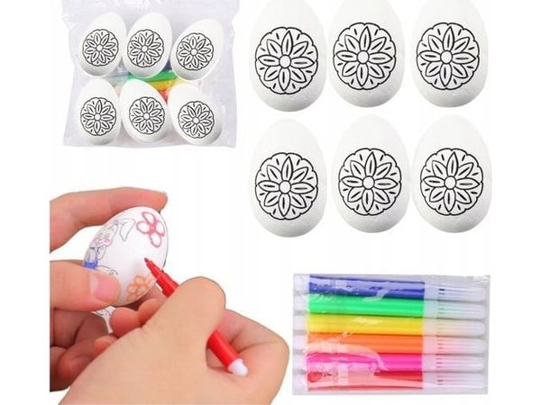 LeanToys påskeegg i polystyren til maling + tusjer, blomstemønster, 6 stk