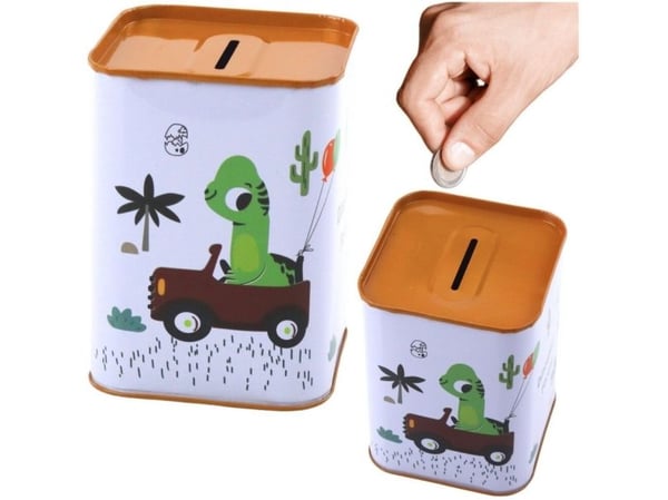 Rahalaatikko Dinosaurus autossa oppimassa säästämään Metalli Valkoinen 11x8cm Rahalaatikko Dinosaurus autossa oppimassa säästämään Metalli Valkoinen 11x8cm