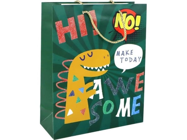 LeanToys gavepose i papir grønn dinosaur 32 x 26 x 10 cm