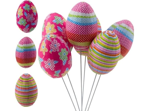 Lean påskeegg på pinne/tråd med prikker, blomster og striper, fargerike 6 stk. LEAN