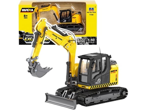 HUINA bandgrävare med bulldozer, metall, Huina gul 1:50