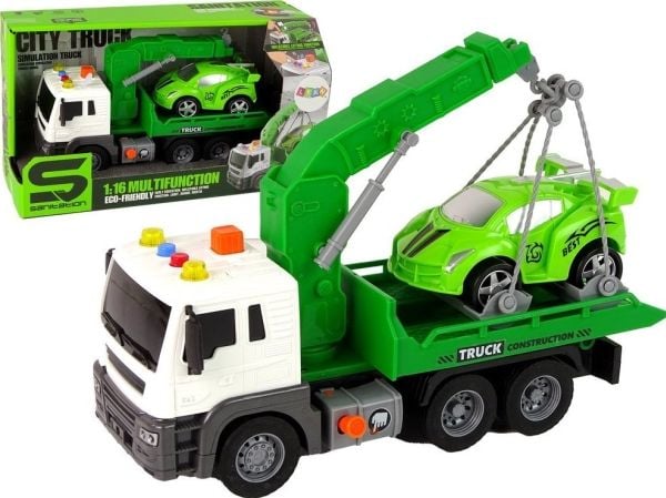 LeanToys lastebil med henger bergingsbil 1:16 grønn lyd og lys