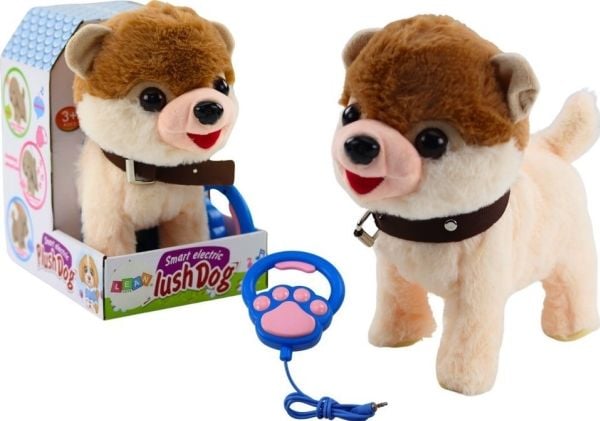 LeanToys interaktiv hund i koppel går dansar sjunger vit beige