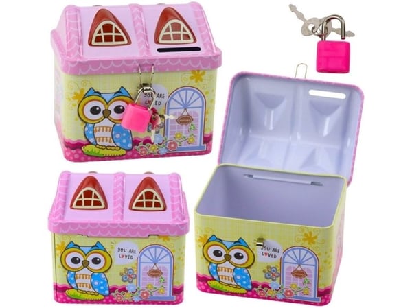 LeanToys spargris i metall - ugglehuset, hänglås, nycklar - rosa