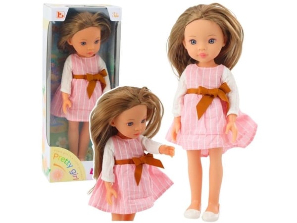 LeanToys dukke i rosa kjole med sløyfe, langt brunt hår LEAN Toys