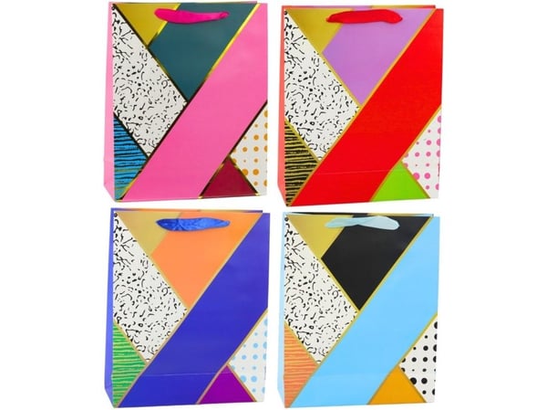 Lean gavepose i papir, geometriske mønstre 32 x 26 x 12 cm