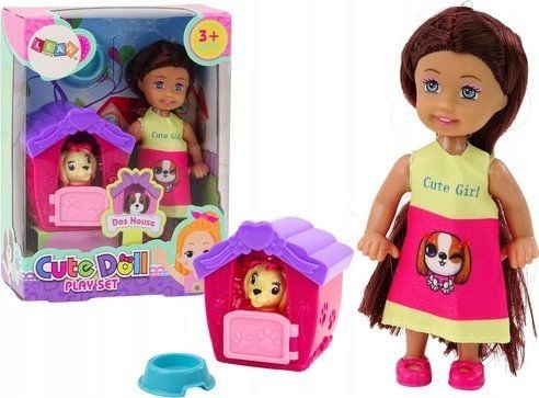 LeanToys mini docka långt hår klänning färgglad hundkoja
