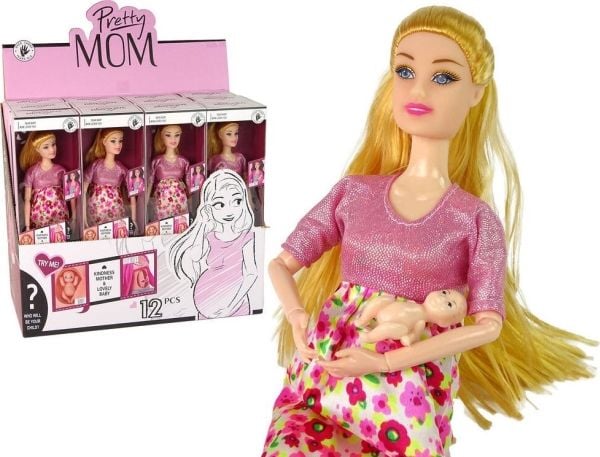 LeanToys dukke til barn under graviditet rosa kjole med blomster