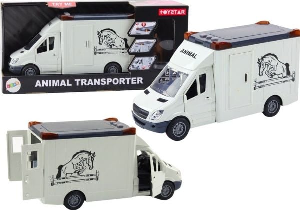 LeanToys biltransporter for hester, åpne dører, lys og lyd, hvit