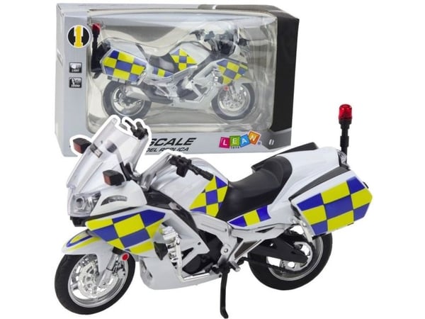 LeanToys politimotorsykkel i metall med lys og lyd, hvit, 1:12