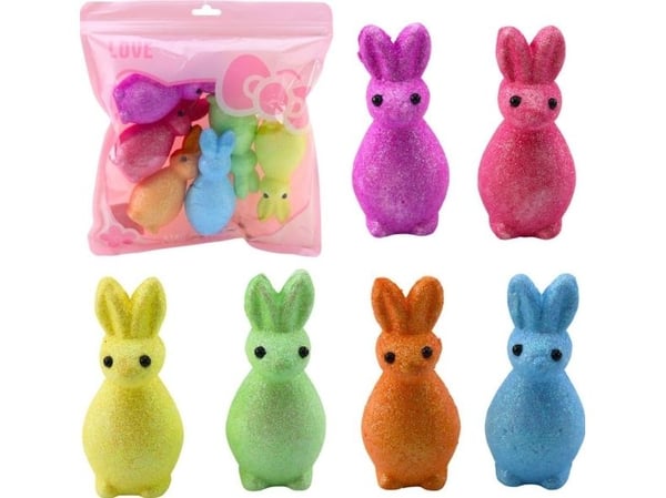 LeanToys påskeharer i skum, glimmer, fargerike, 6 stk