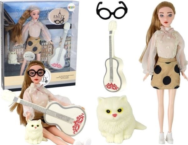 LeanToys dukke for barn Emily med gitar, briller, langt blondt hår, katt
