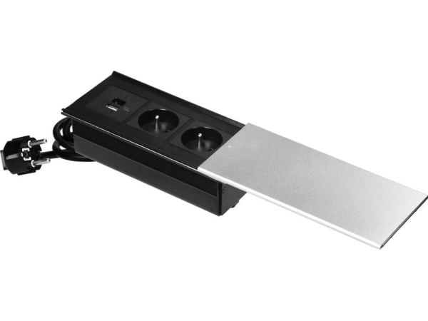 Orno Lizdas Baldinis stikkontakt med skyvelokk, 2x2P+Z (fransk), USB A+C, sølvfarget Orno Lizdas Baldinis stikkontakt med skyvelokk, 2x2P+Z (fransk), USB A+C, sølvfarget