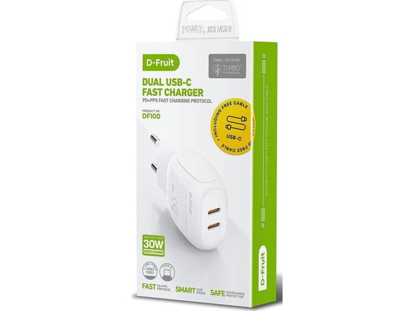 D-Fruit lader 30W 2xUSB-C + USB-C-kabel DF100 1 m