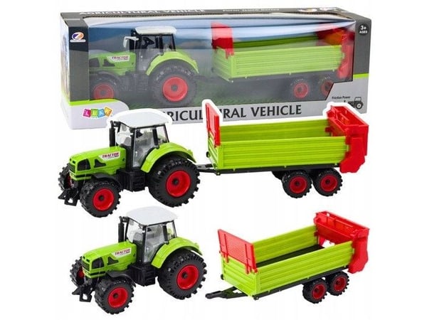 LeanToys traktor med tilhenger, trykkfriksjonsdrift, åpningsbar maskindeksel/dører, grønn