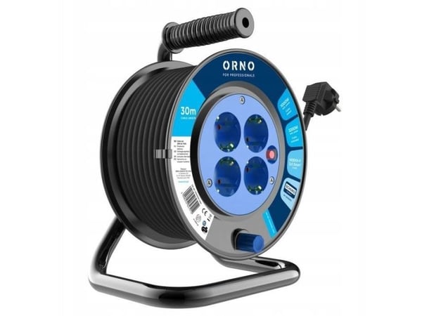 Orno förlängningskabel på trumma 4 uttag 2P+J (schuko) PVC H05VV-F 3x1,5 mm2 längd 30 m termik skydd för strömspår