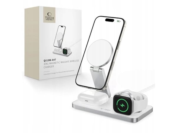 4kom.pl 3-i-1 trådlader Tech-Protect QI15W-A47 3in1 magnetisk MagSafe trådløs lader hvit