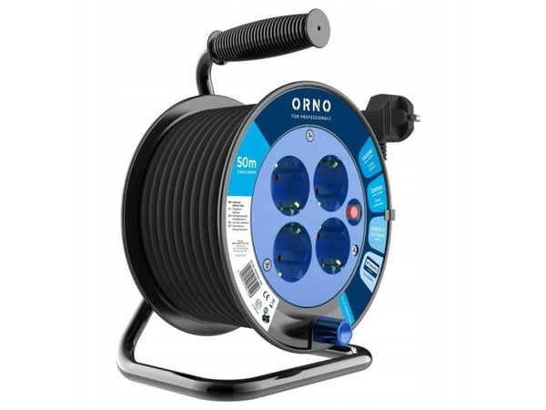 Orno trumförlängare 4 uttag 2P+J schuko, PVC-kabel H05VV-F 3x1,5 mm², 50 m, termik, skärmning