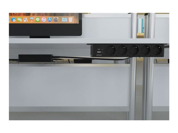 Deltaco OFFICE Under-desk Outlet angled,5 outlet,1x21W A+C USB,GST18, AC + USB A + USB C, CEE 7/3, Vastaanotto, musta, Alumiini, Muovi, 50/60 Hz