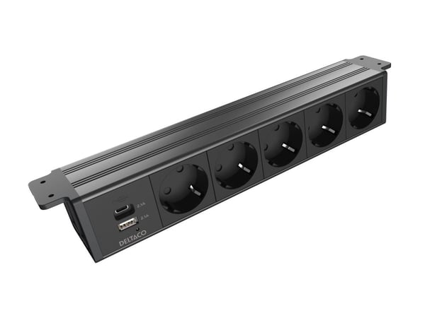 Deltaco OFFICE Under-desk Outlet angled,5 outlet,1x21W A+C USB,GST18, AC + USB A + USB C, CEE 7/3, Vastaanotto, musta, Alumiini, Muovi, 50/60 Hz