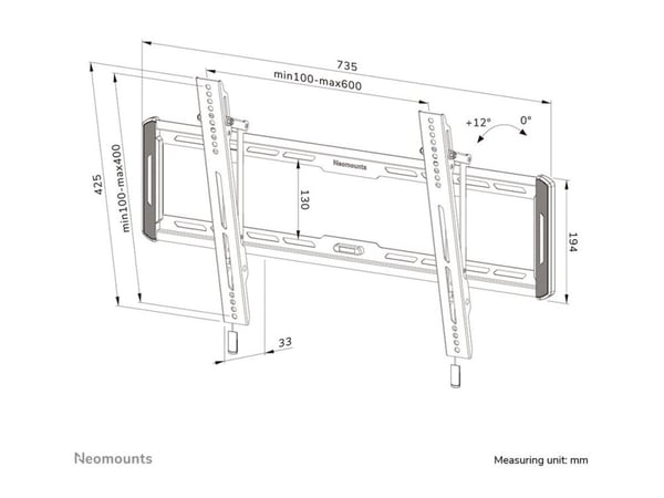 Neomounts WL35-550BL16, 2,18 m (86"), 100 x 100 mm, 600 x 400 mm, 0 - 12°, Terästä, Musta