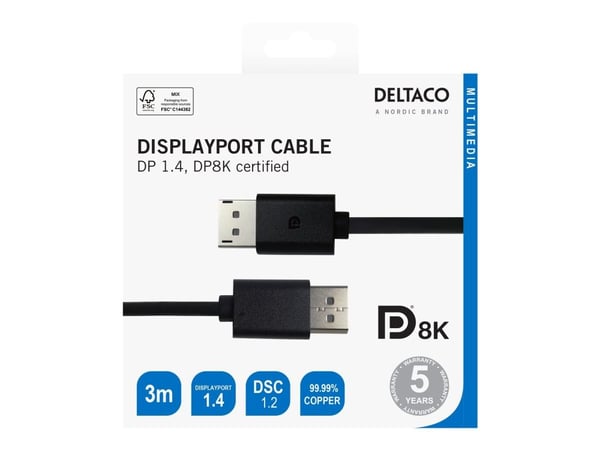 DELTACO - DisplayPort-kabel - DisplayPort (hann) til DisplayPort (hann) - DisplayPort 1.4 - 3 m - 8 K 60 Hz (7680 x 4320) støtte, opptil 32,4 Gbps-...