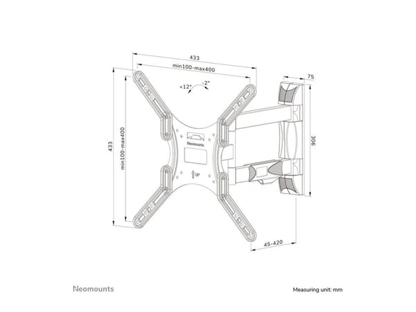 Neomounts WL40-550BL14, 100 x 100 mm, 400 x 400 mm, -2 - 12°, 0 - 40°, Terästä, Musta