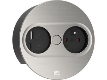 Bachmann 946.006, tyyppi E + USB A + USB C, upotettu pöydälle, 4 cm, työpöytä, ruostumaton teräs, metalli, muovi