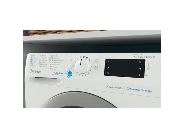 Indesit BDE 76435 WSV EE, Frontmatet, Frittstående, Hvit, Venstre, Sølv, Knapper, Rotasjon