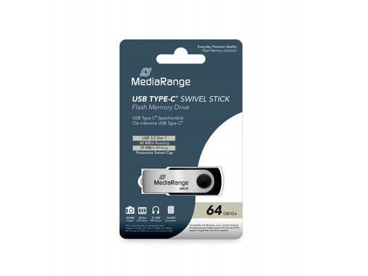 MediaRange MR1953, 64 GB, USB Type-C, 3.2 Gen 1 (3.1 Gen 1), 80 MB/s, Taittuva, musta, Hopea