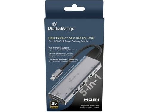 MediaRange MRCS511, USB Type-C, HDMI, USB 2.0 Type-A, USB Type-C, 480 Mbit/s, 60 Hz, 3840 x 2160, Sølv