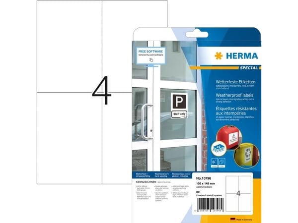 HERMA 10796, vit, rektangulär, permanent, A4, universal, papper