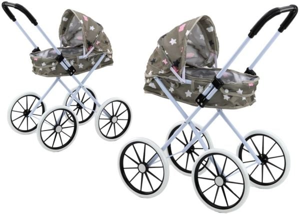 LeanToys dukkevogn store hjul sammenleggbar stjerner/skyer grå 70 cm