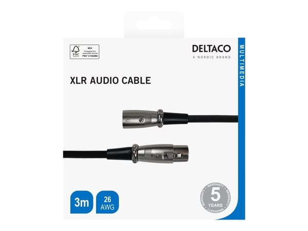 DELTACO - Ljudförlängningskabel - XLR3 hane till XLR3 hona - 3 m - dubbelt skärmad - svart