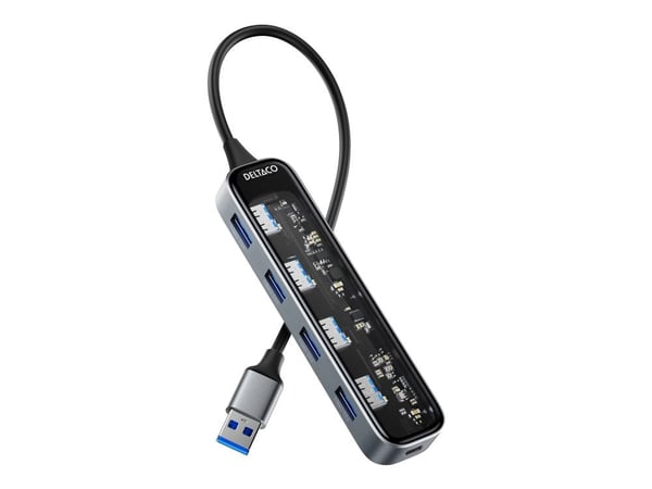 Deltaco USB-A-keskitin, 4x USB-A, 5 Gbit/s, läpinäkyvä, läpinäkyvä