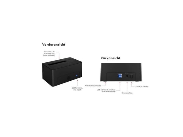ICY BOX IB-1121-U3 - HDD / SSD-dokkestasjon - brønner: 1 - 2,5" / 3,5" delt - SATA 6Gb/s - USB 3.2 (Gen 1) - svart